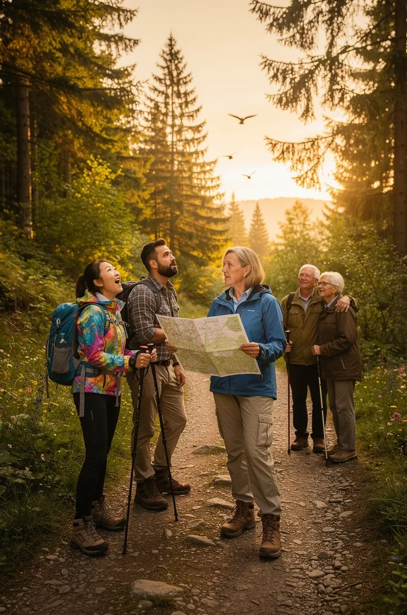 Wanderkarte mit markierten Routen und wichtigen Orientierungspunkten für Wanderer in Deutschland.