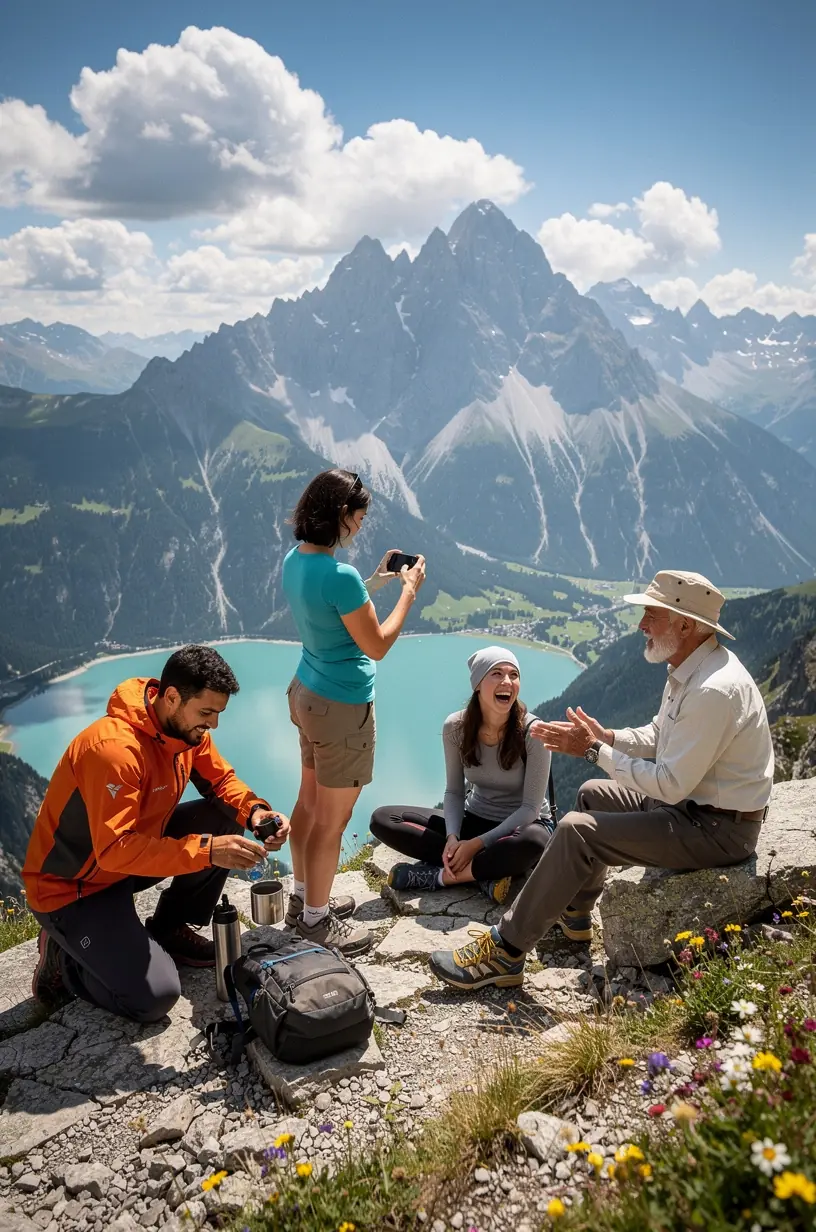 Moderne Ausrüstungsverleihstation mit robusten Wanderschuhen und wetterfester Kleidung.